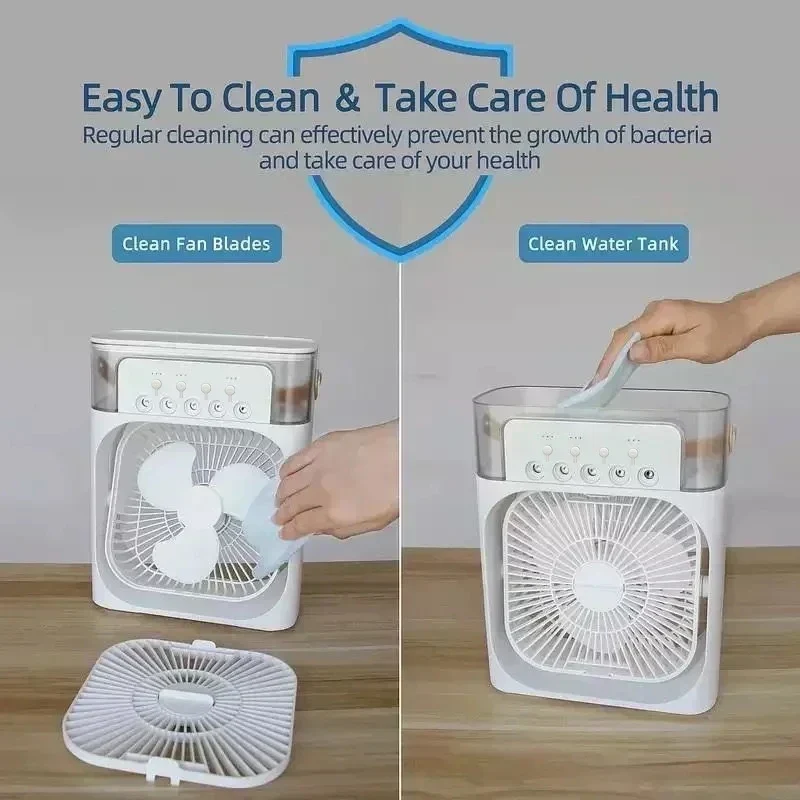 Mini Luftkühler 3-in-1 – USB Air Cooler mit Wassertank, Sprühnebel & LED-Licht