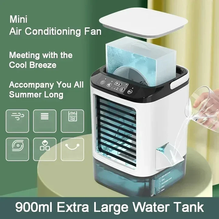 Mini Klimaanlage – Luftkühler mit 3 Windmodi, 900 ml Tank und Nachtlicht