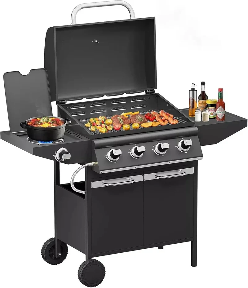 Homelux Gasgrill 15KW Brenner BBQ Grillwagen mit Seitenkocher