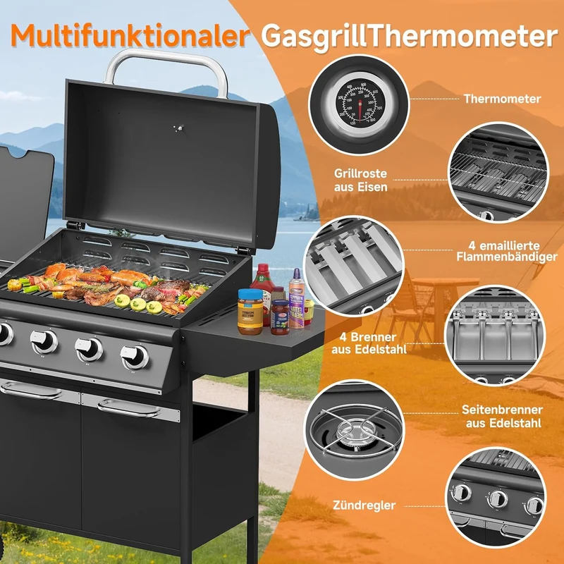 Gasgrill 15KW Brenner BBQ Grillwagen mit Seitenkocher mit Zubehör