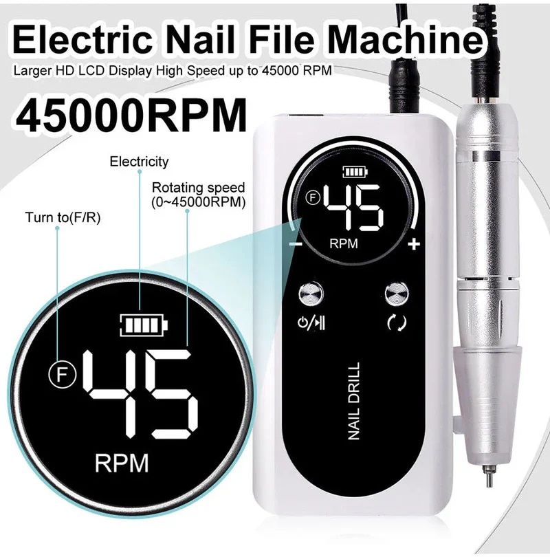 Tragbarer elektrischer Nagelfräser mit 45.000 U/min für professionelle Maniküre und Pediküre