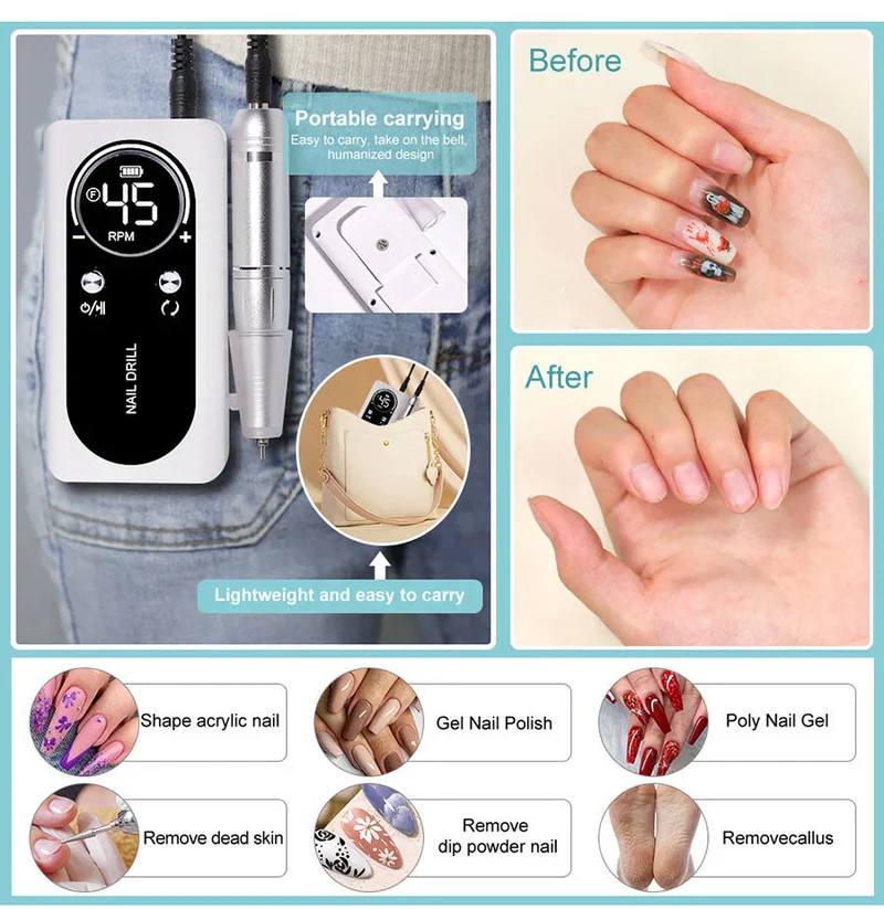 Tragbarer elektrischer Nagelfräser mit 45.000 U/min für professionelle Maniküre und Pediküre