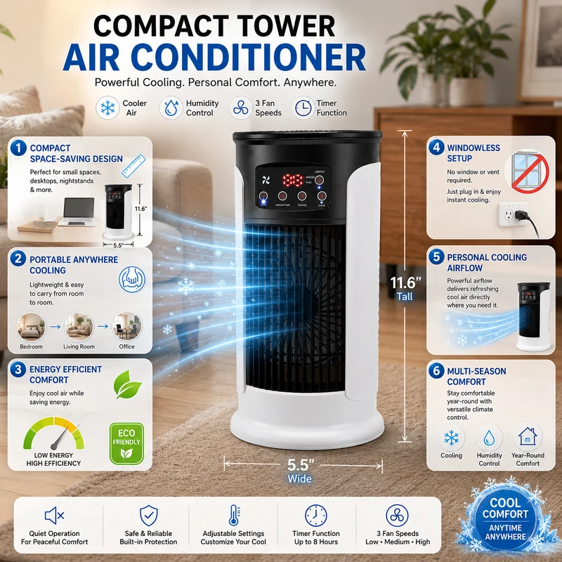 Mini Turmventilator – Kompakter Ventilator mit 3 Stufen und 8-Stunden-Timer