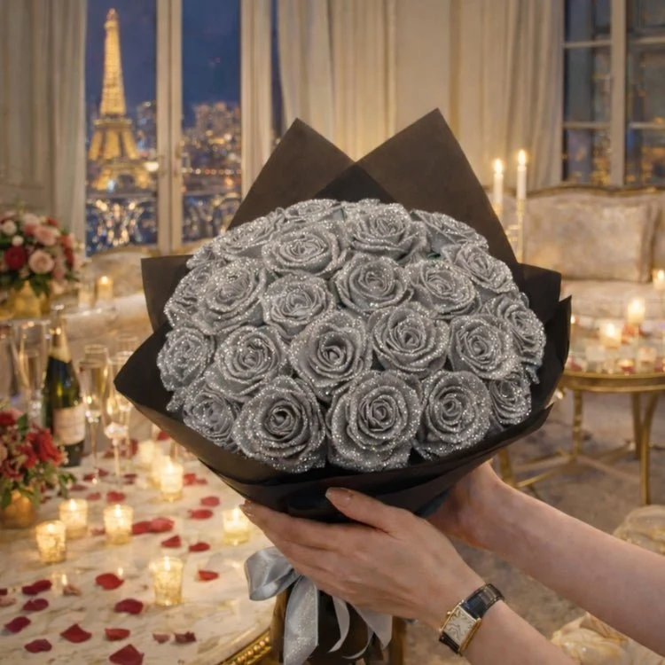 Glitzer Rosen Geschenk – Einzelrose oder Rosenstrauß in eleganter Geschenkbox