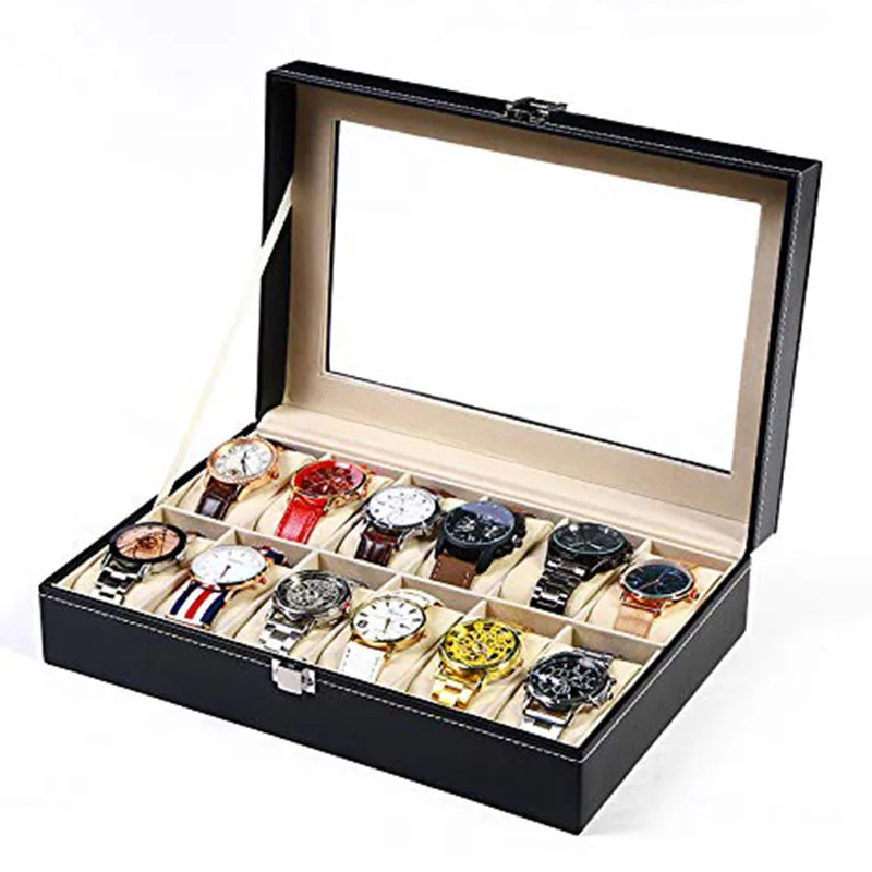 Uhrenbox – Uhrenkoffer für 3, 6 oder 12 Uhren mit Glasdeckel und Uhrenkissen