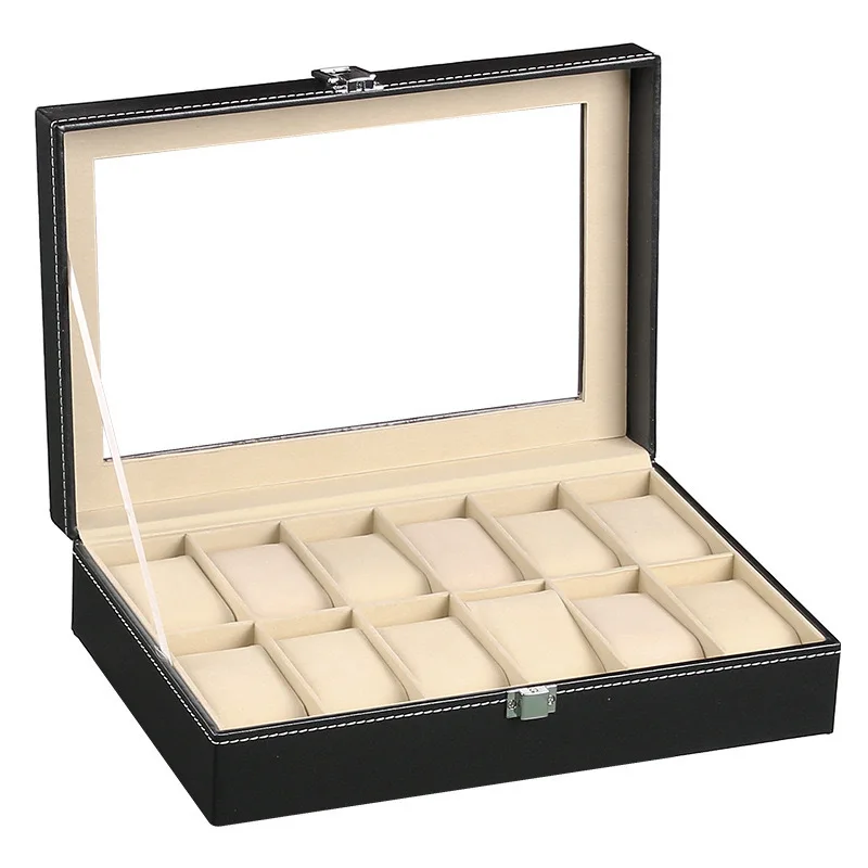 Uhrenbox – Uhrenkoffer für 3, 6 oder 12 Uhren mit Glasdeckel und Uhrenkissen