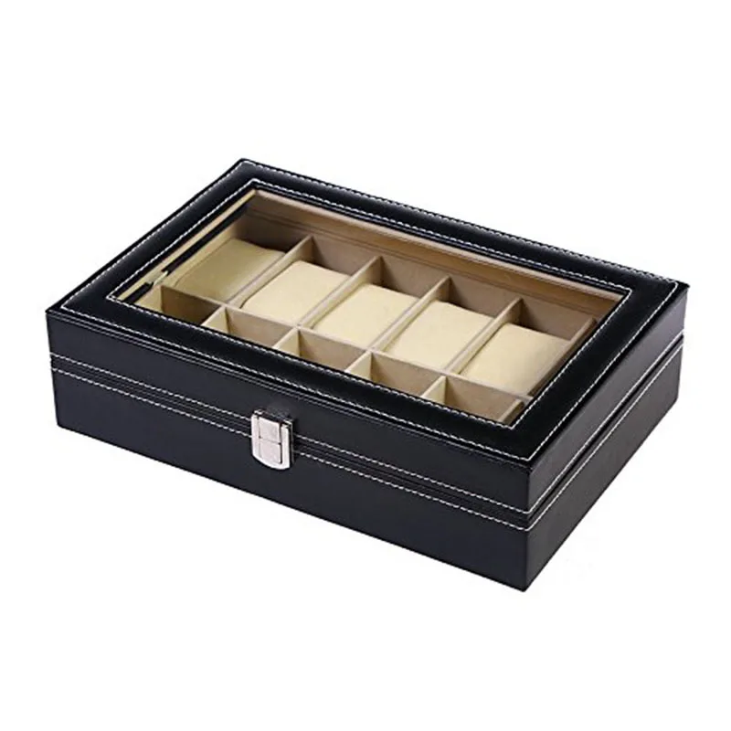 Uhrenbox – Uhrenkoffer für 3, 6 oder 12 Uhren mit Glasdeckel und Uhrenkissen
