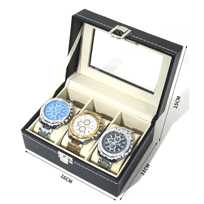 Uhrenbox – Uhrenkoffer für 3, 6 oder 12 Uhren mit Glasdeckel und Uhrenkissen