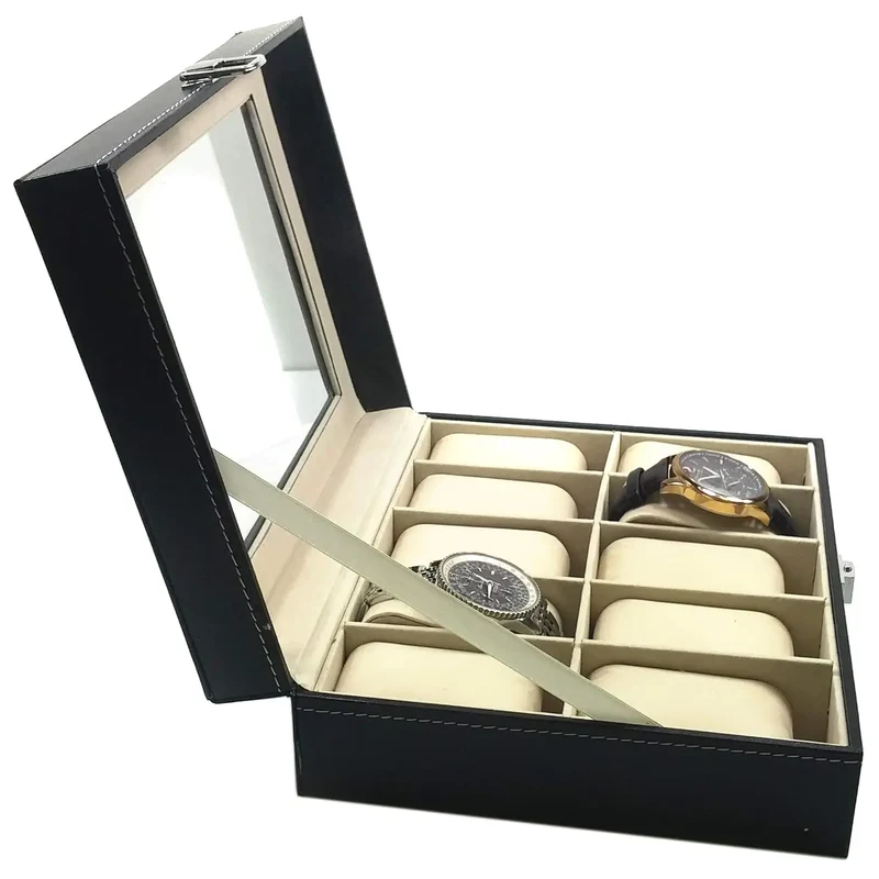 Uhrenbox – Uhrenkoffer für 3, 6 oder 12 Uhren mit Glasdeckel und Uhrenkissen