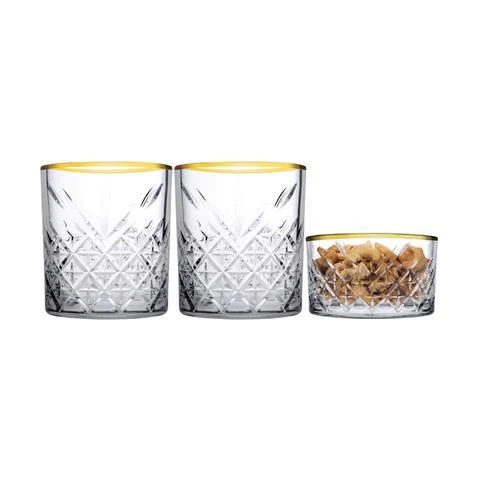 Pasabahce GOLDEN TOUCH Timeless 2 Trinkgläser mit Schüssel Set Timeless Gold 345 / 255 ml