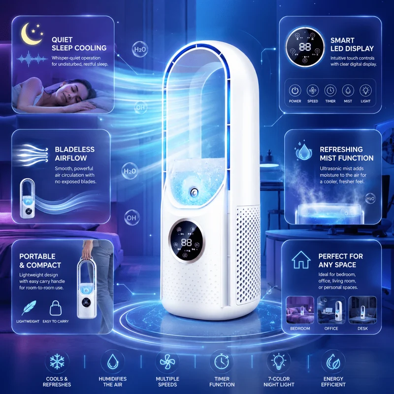 Luftkühler mit Wasserkühlung – Blattloses Design, Sprühnebel & LED-Touchdisplay