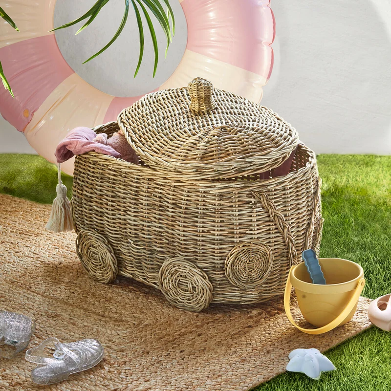 JIBBOO Auto-Rattankorb – Stilvoller Auto-förmiger Aufbewahrungskorb aus handgeflochtenem Rattan für Kinderzimmer