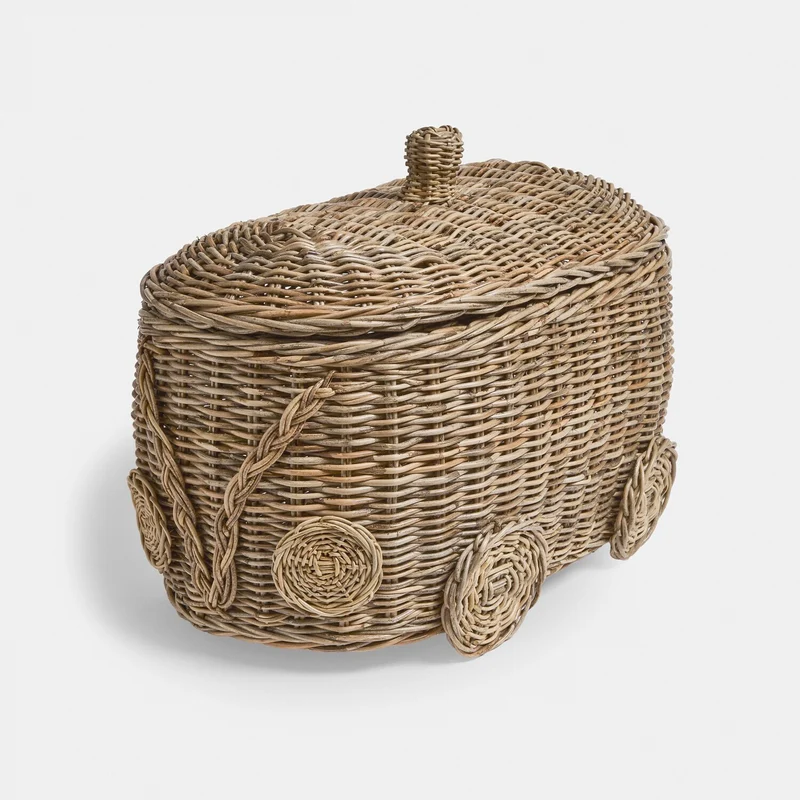 JIBBOO Auto-Rattankorb – Stilvoller Auto-förmiger Aufbewahrungskorb aus handgeflochtenem Rattan für Kinderzimmer