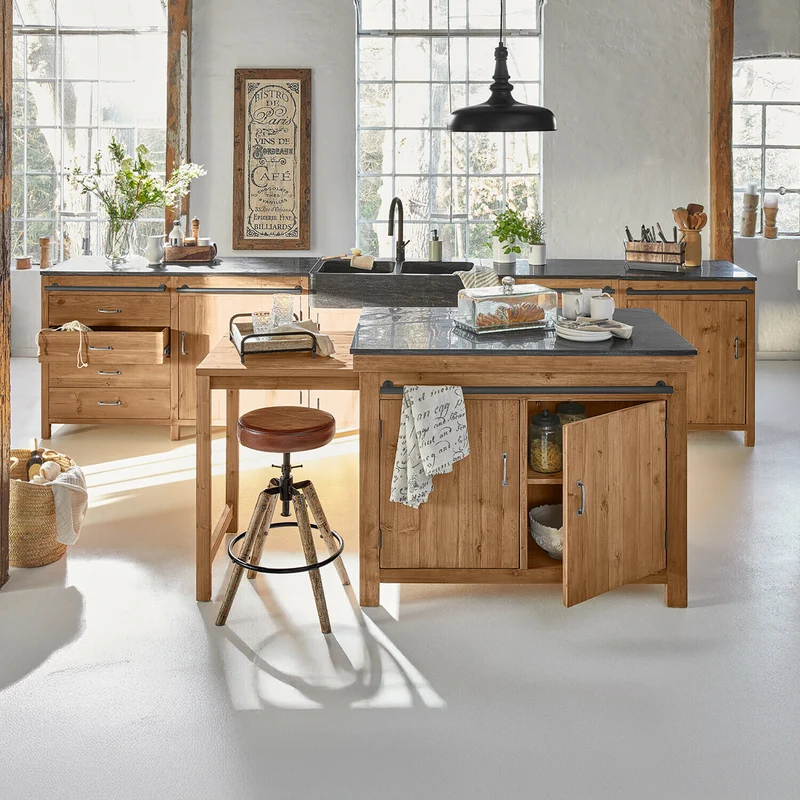 SUNNYBROOK Küchen-Set 4-tlg. – Landhausküche Aus Altholz Mit Bluestone-Arbeitsplatten
