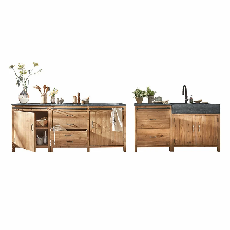 SUNNYBROOK Küchen-Set 4-tlg. – Landhausküche Aus Altholz Mit Bluestone-Arbeitsplatten