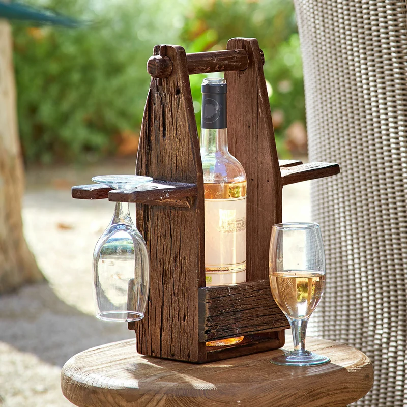 PRÉALON Flaschenhalter Mit Gläsern – Rustikales Weinhalter-Set Aus Wiederaufbereitetem Salbaumholz