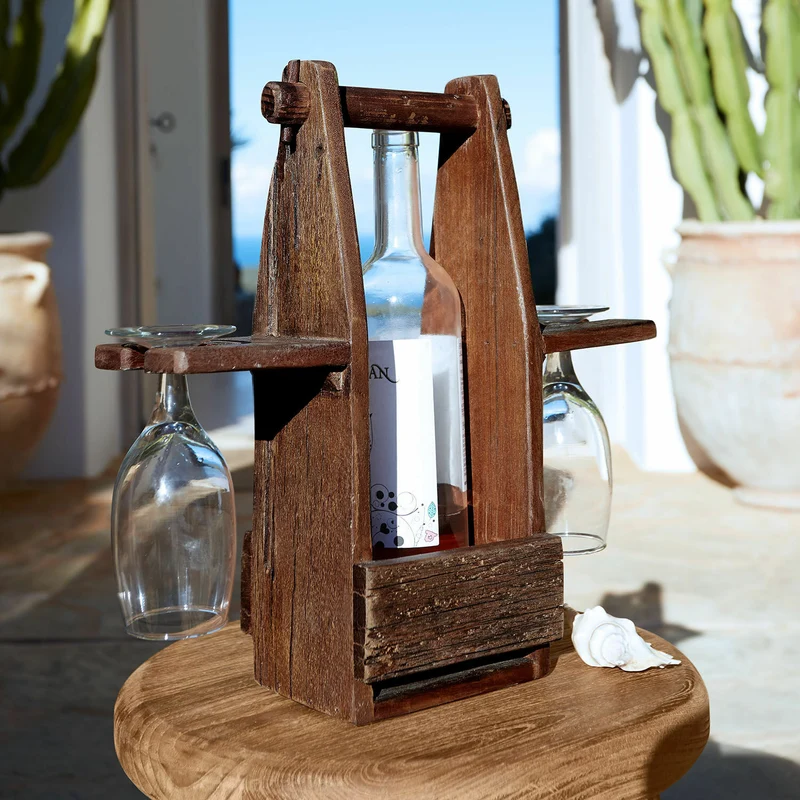 PRÉALON Flaschenhalter Mit Gläsern – Rustikales Weinhalter-Set Aus Wiederaufbereitetem Salbaumholz