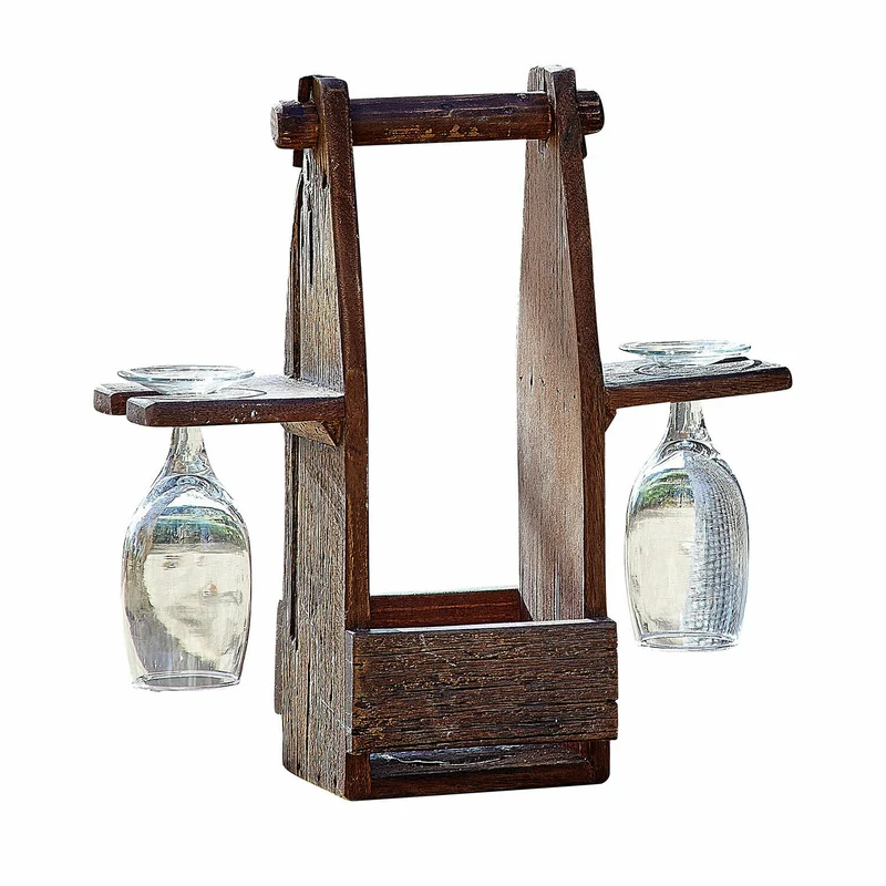 PRÉALON Flaschenhalter Mit Gläsern – Rustikales Weinhalter-Set Aus Wiederaufbereitetem Salbaumholz