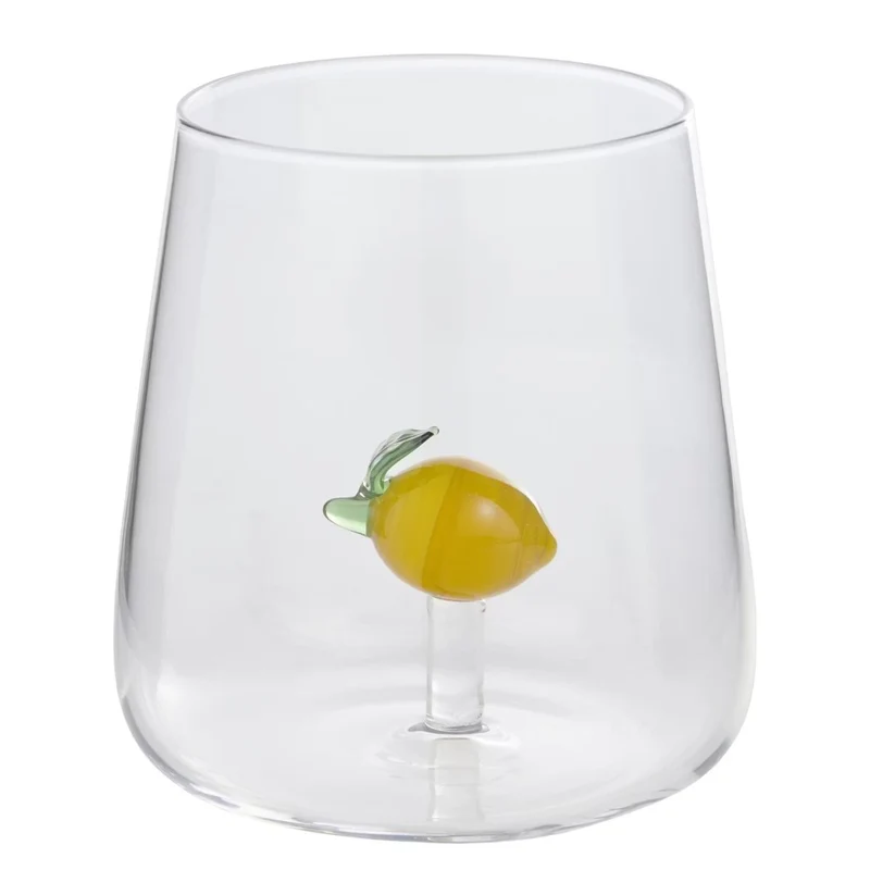 SUNNY JOY Zitronenglas – Verspieltes Trinkglas aus Borosilikatglas mit schwebendem Zitronendesign