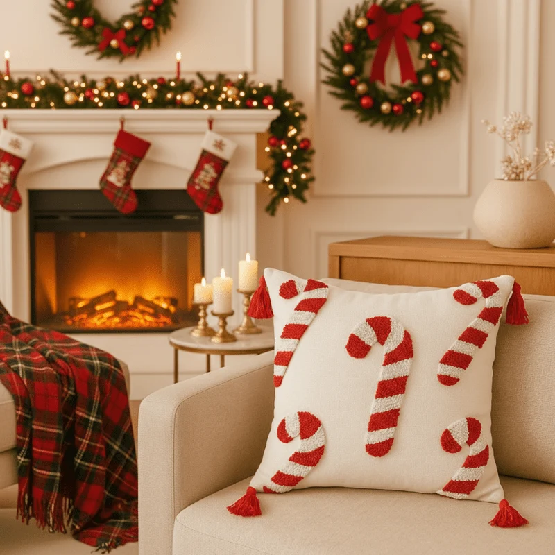 SWEETVELV – Festlicher Weihnachtskissenbezug Mit Zuckerstangenmotiv Und Weichem Samtstoff