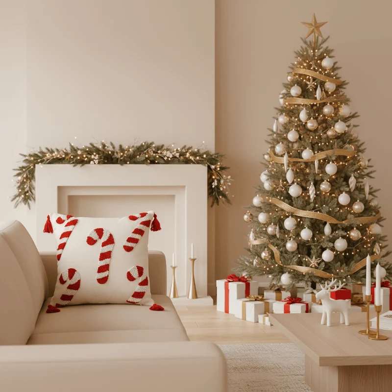 SWEETVELV – Festlicher Weihnachtskissenbezug Mit Zuckerstangenmotiv Und Weichem Samtstoff