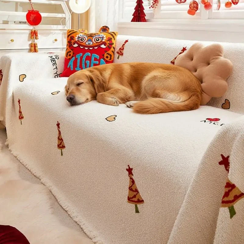 FlauschigeHöhle – Weihnachts-Plüsch-Sofadecke mit festlichem Baumdesign und ultraweichem Komfort