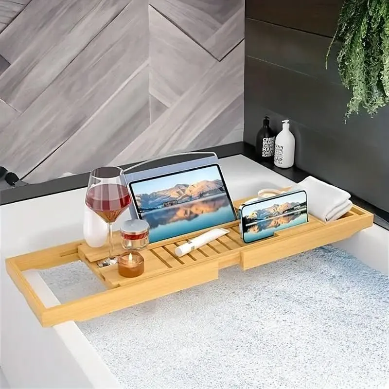 Meralune Bambus Zuflucht Tablett | Ausziehbares Badewannentablett | Nachhaltig & Elegant | Mit Glas-, Buch- & Tablet-Halter
