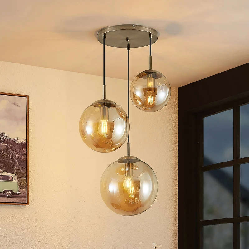 TEEJA Pendelleuchte – Bernsteinfarbener Glas-Kronleuchter mit Antik-Messing-Finish