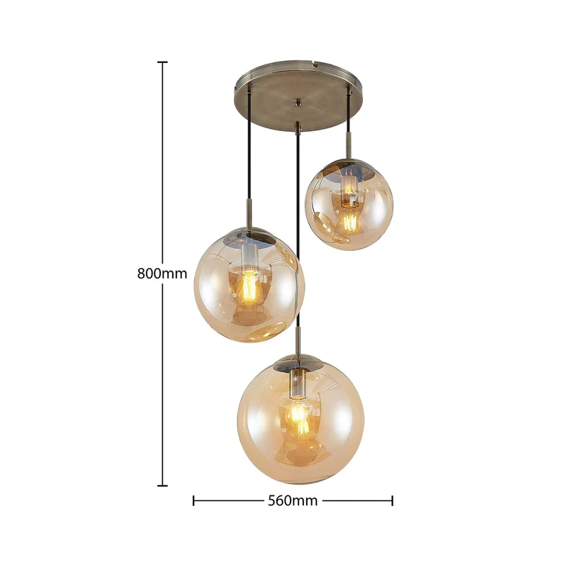 TEEJA Pendelleuchte – Bernsteinfarbener Glas-Kronleuchter mit Antik-Messing-Finish