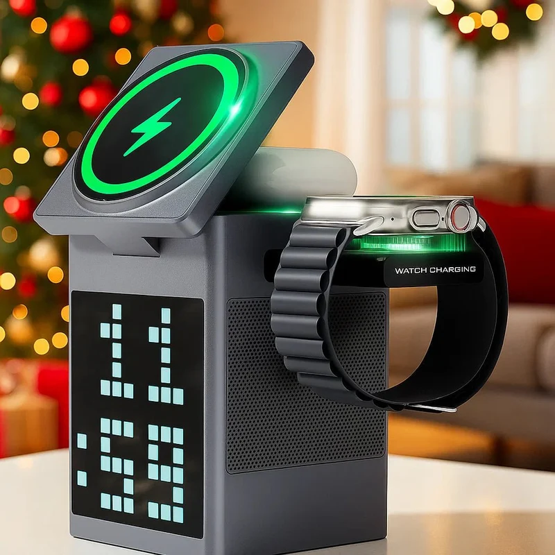 SONIQON – 3-In-1-Kabelloses Ladegerät mit Bluetooth-Lautsprecher und LED-Uhranzeige