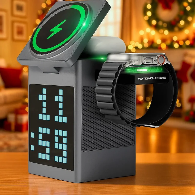 SONIQON – 3-In-1-Kabelloses Ladegerät mit Bluetooth-Lautsprecher und LED-Uhranzeige
