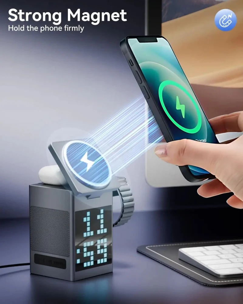 SONIQON – 3-In-1-Kabelloses Ladegerät mit Bluetooth-Lautsprecher und LED-Uhranzeige