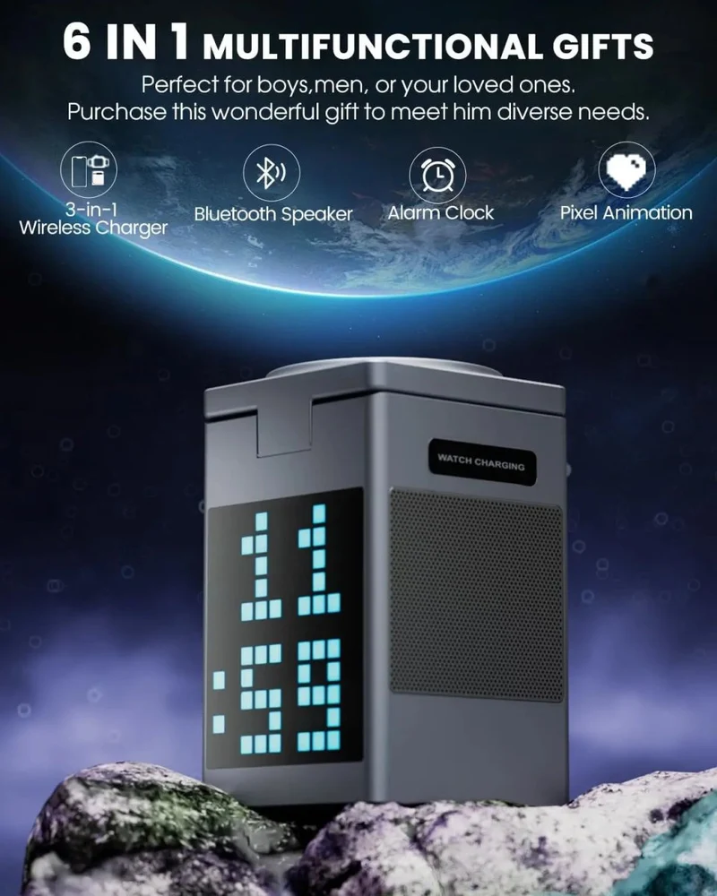 SONIQON – 3-In-1-Kabelloses Ladegerät mit Bluetooth-Lautsprecher und LED-Uhranzeige