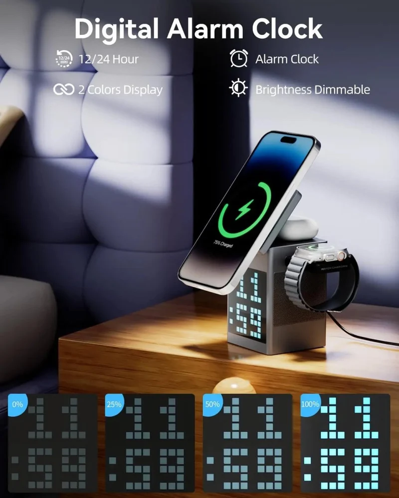SONIQON – 3-In-1-Kabelloses Ladegerät mit Bluetooth-Lautsprecher und LED-Uhranzeige
