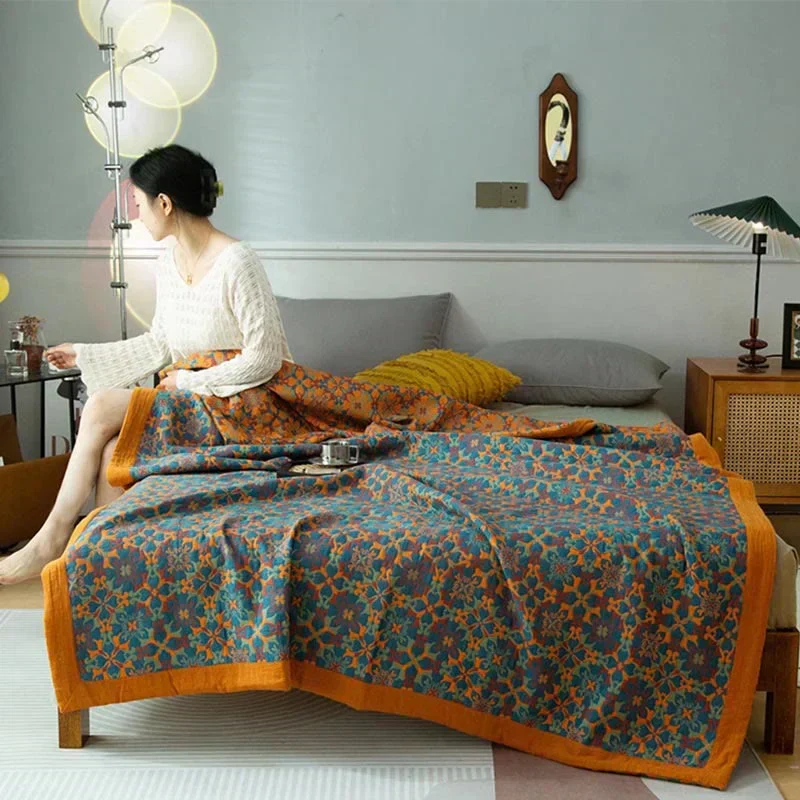 ColorWeave – Sechslagige Baumwollsteppdecke Muster orange-blau – Warm & stilvoll