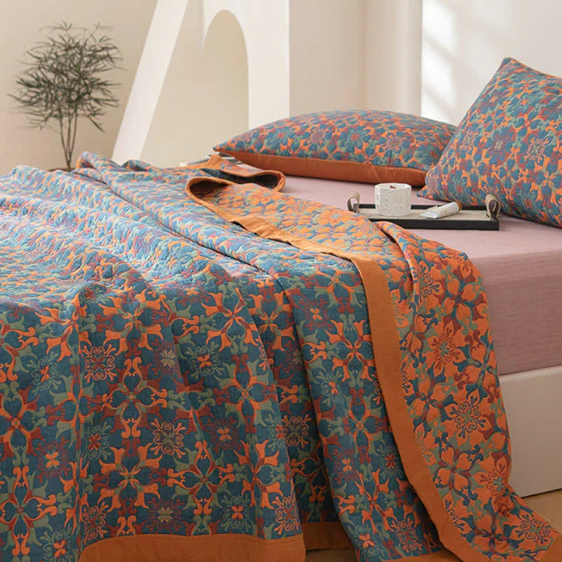 ColorWeave – Sechslagige Baumwollsteppdecke Muster orange-blau – Warm & stilvoll