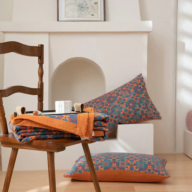 ColorWeave – Sechslagige Baumwollsteppdecke Muster orange-blau – Warm & stilvoll