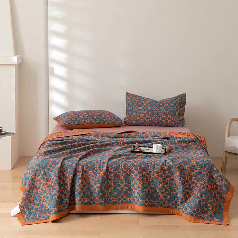 ColorWeave – Sechslagige Baumwollsteppdecke Muster orange-blau – Warm & stilvoll