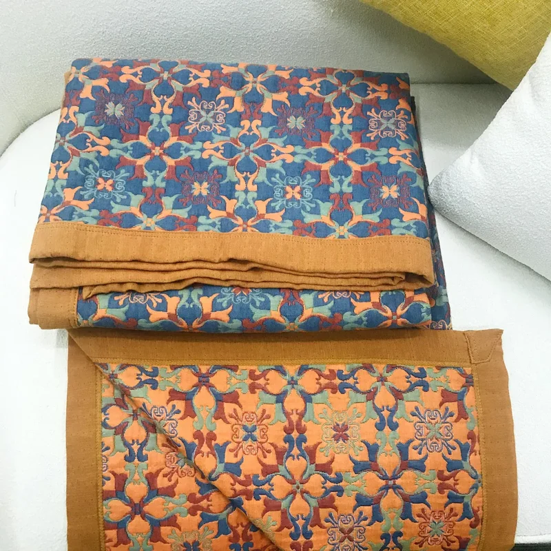 ColorWeave – Sechslagige Baumwollsteppdecke Muster orange-blau – Warm & stilvoll