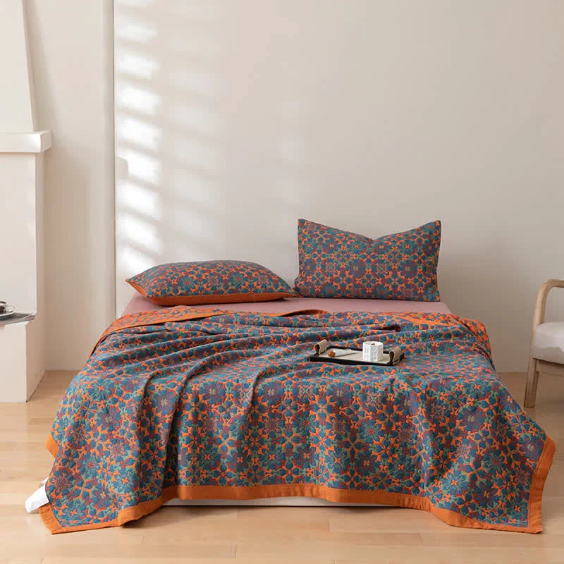 Orange & Blau gemusterter Quilt aus sechslagiger Baumwolle - TerraLoom