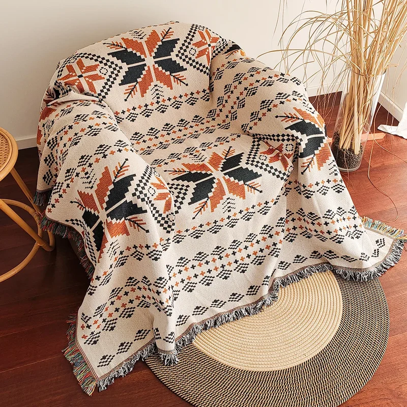 AztecLoom – Oversize Boho-Decke mit Fransen aus Baumwollmix für Sofa & Bett