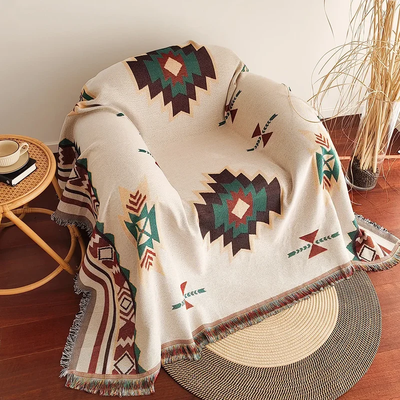 AztecLoom – Oversize Boho-Decke mit Fransen aus Baumwollmix für Sofa & Bett