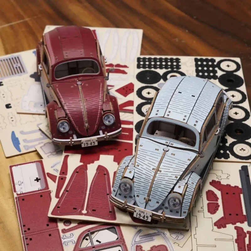Ki-Gu-Mi Vw Beetle Type 1 Blue 3D Wooden Puzzle Model Kit for Adults