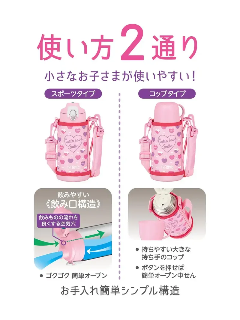 Thermos 0.63L Vacuum Insulated Water Bottle for Children Pink/White Direct Drinking with Cup Ideal for School