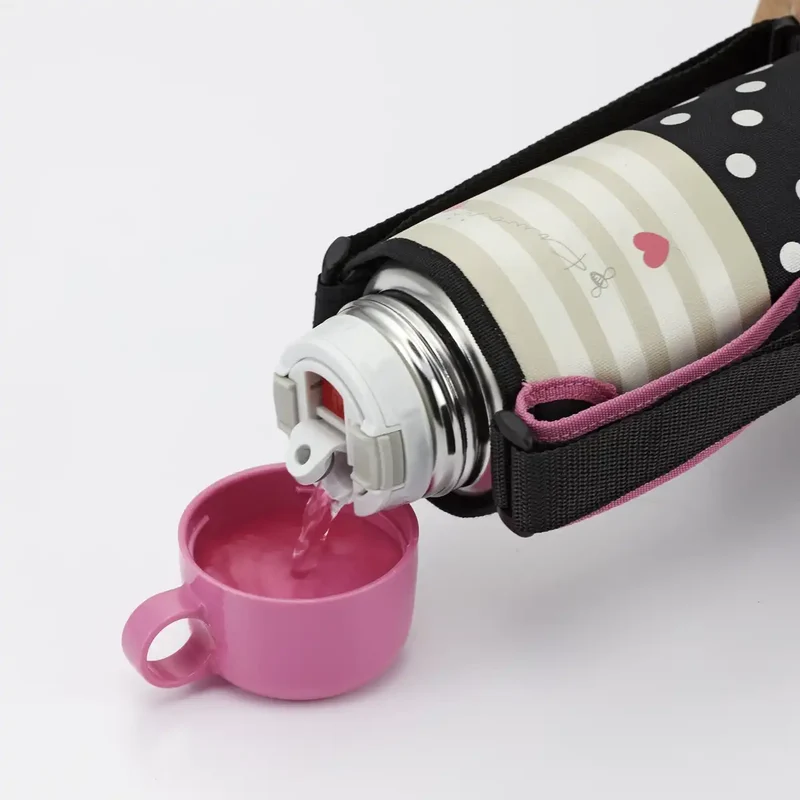 Tiger 800ml Stainless Steel Water Bottle with Cup and Pouch Sahara Pink Dot