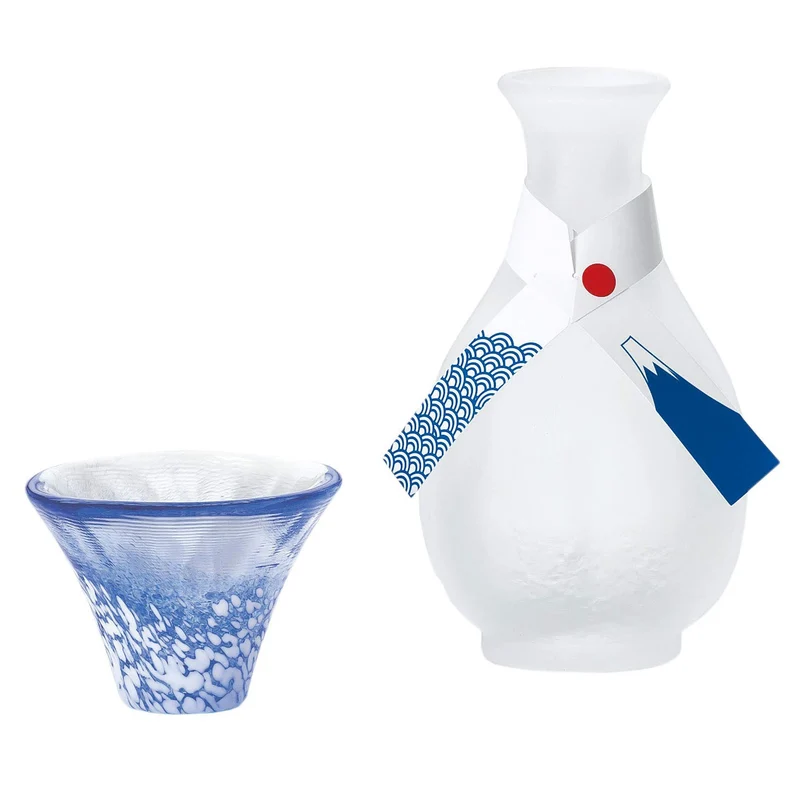 Toyo Sasaki Glass Sake Set White & Blue Cups Japan G637-M75 2Pcs 35Ml & 175Ml
