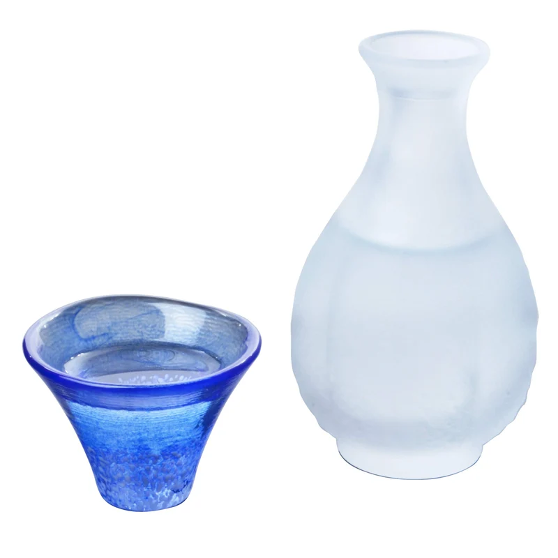 Toyo Sasaki Glass Sake Set White & Blue Cups Japan G637-M75 2Pcs 35Ml & 175Ml
